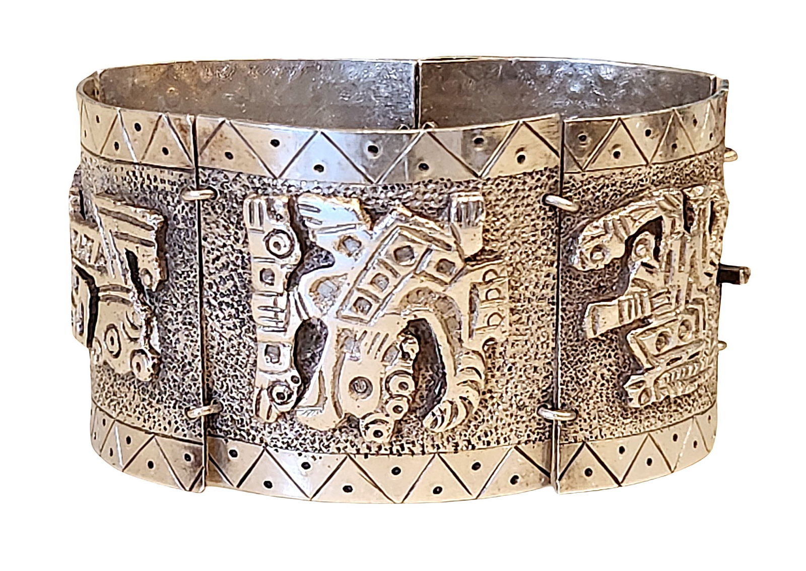 Peruvian Sterling Silver Panel Bracelet with Pre-Columbian Motifs, Marked 900 (1 of 4)