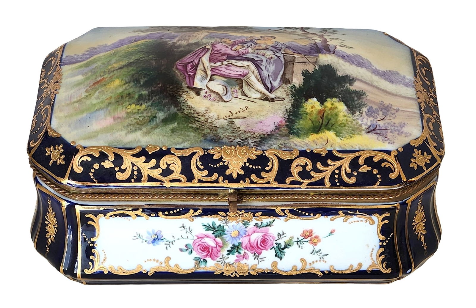 French Hand-Painted Sevres Style Porcelain Jewelry Casket Box, Signed R. Coudert (1 of 7)