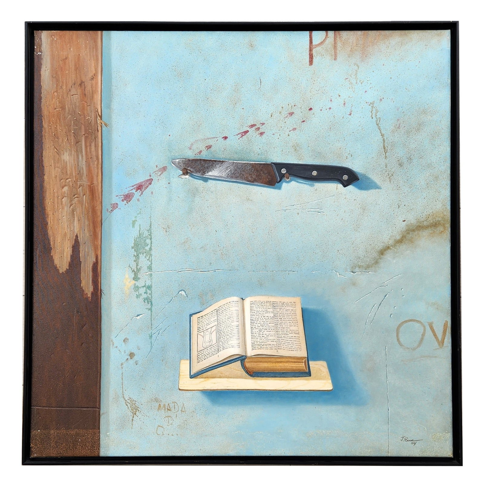 J. Pierre 2004 Surrealist Trompe-L’Oeil Painting – Knife & Open Book Composition: A compelling surrealist trompe-l’e oil painting by J. Pierre, dated 2004, featuring a dramatic juxtaposition of a suspended knife and an open book rendered with exquisite detail. The artist creates