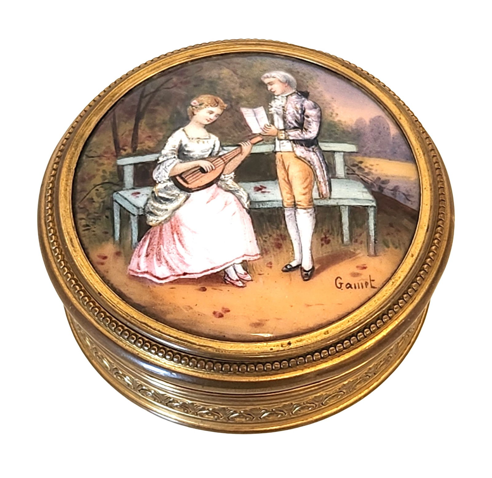 19th Century French Gamet Bronze & Enamel Box: 19th Century French Gamet Bronze & Enamel Box Measure 1"in H x 2 1/2"in Diameter