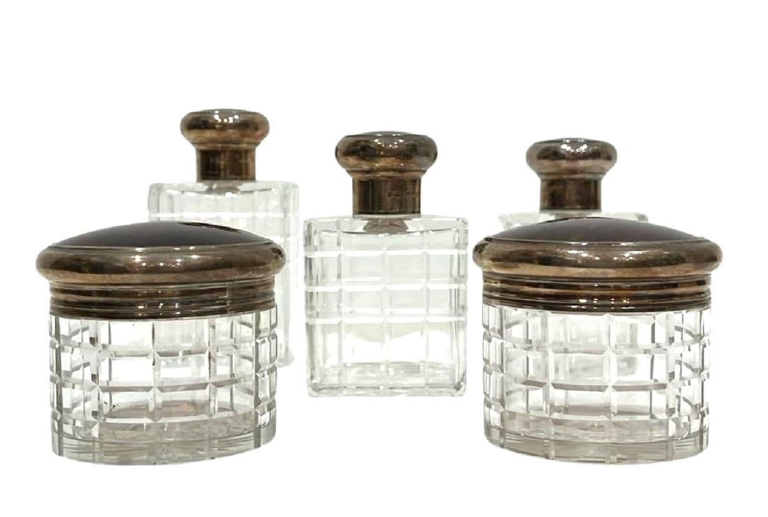 5pc Set England Sterling Cut Glass Vanity Set: 5pc Set England Sterling Cut Glass Vanity Set Large Measure 4"in H Small Measure 2 1/2"in H 19th century authentic exquisitely detailed handheld crystal mirror that is decorated with cloisonne enamel