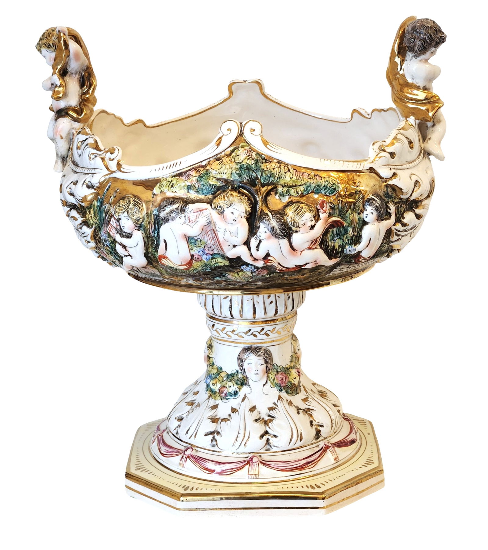 Capodimonte "Bernini" Italian Porcelain Centerpiece with Cherubs: Large Capodimonte porcelain centerpiece, marked “Capodimonte – Made in Italy – Bernini – 1244”. The piece is richly decorated in relief with putti/cherubs playing in a garden scene, surr