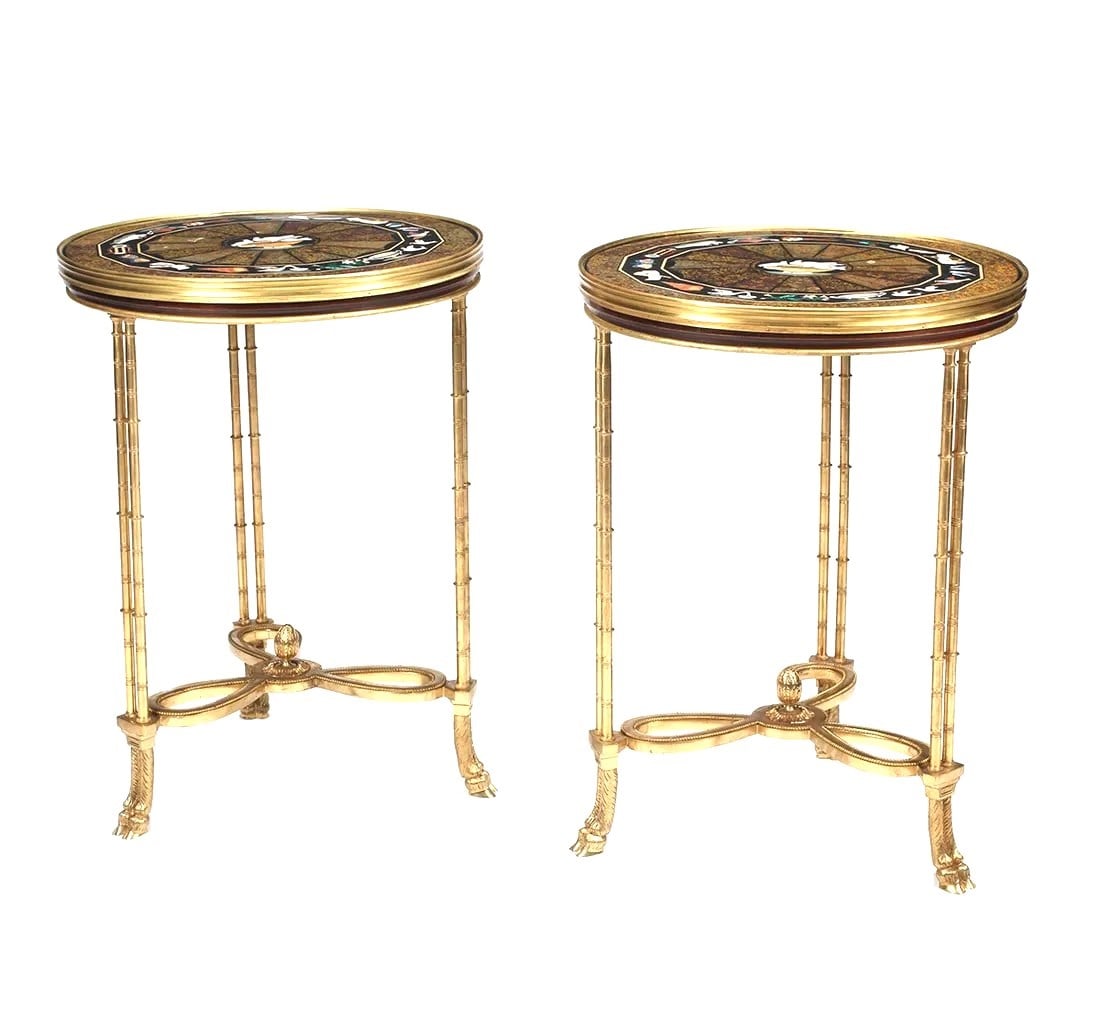 Pair of French Directoire Style Bronze Tables with Pietra Dura Marble Top (1 of 5)