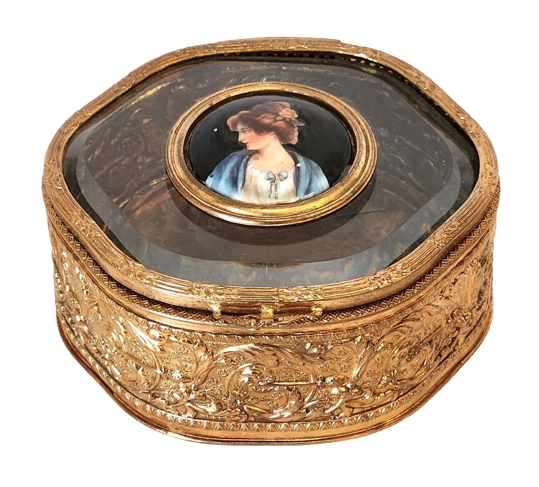 Antique French Bronze Box with Porcelain Plaque and crystal (1 of 7)