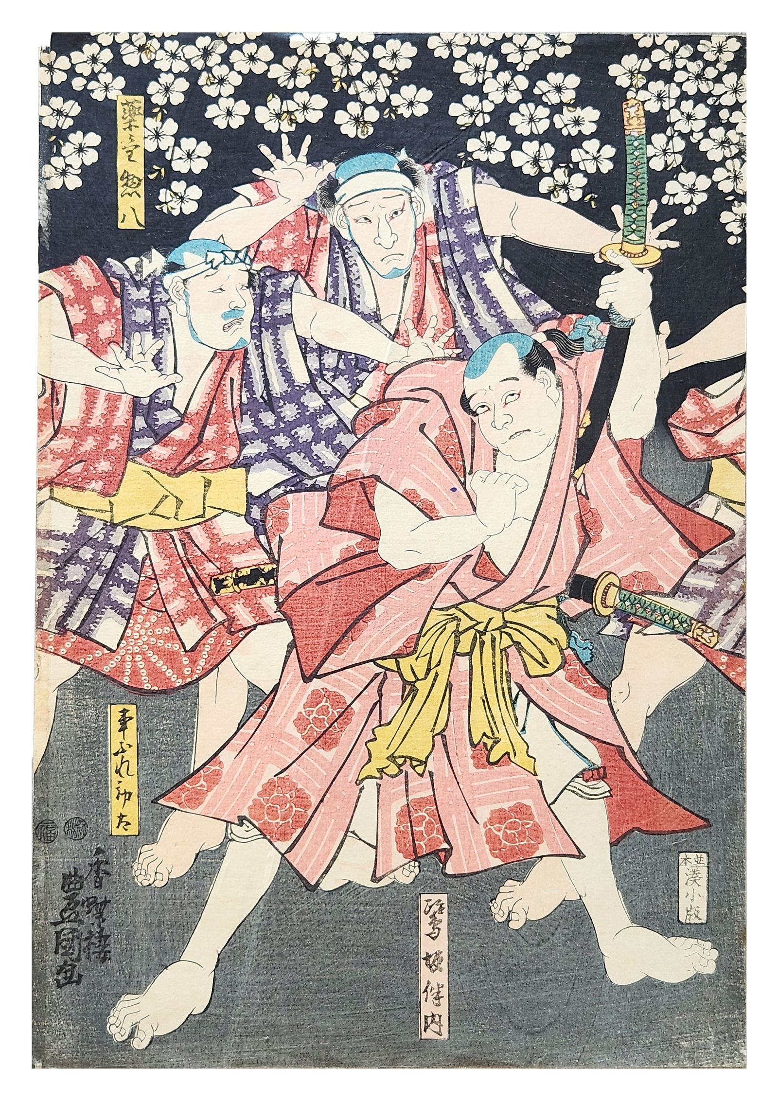 Japanese Ukiyo-e Woodblock Print of Samurai Under Cherry Blossoms, Utagawa Kunisada (Toyokuni III): A Japanese Ukiyo-e woodblock print depicting a dramatic scene of samurai figures beneath blooming cherry blossoms. The composition shows three warriors in dynamic poses, dressed in patterned robes and