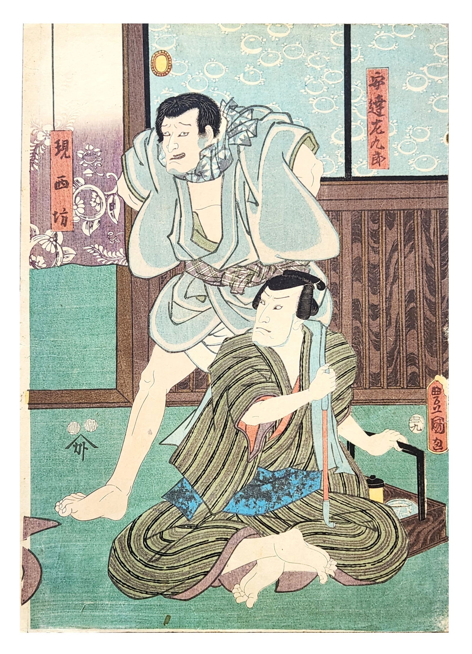 Japanese Ukiyo-e Kabuki Actor Woodblock Print, Utagawa Kunisada (Toyokuni III): A Japanese Ukiyo-e woodblock print depicting a dramatic Kabuki theater scene with two figures indoors. One figure kneels holding a pipe while another stands behind in an expressive pose, suggesting a