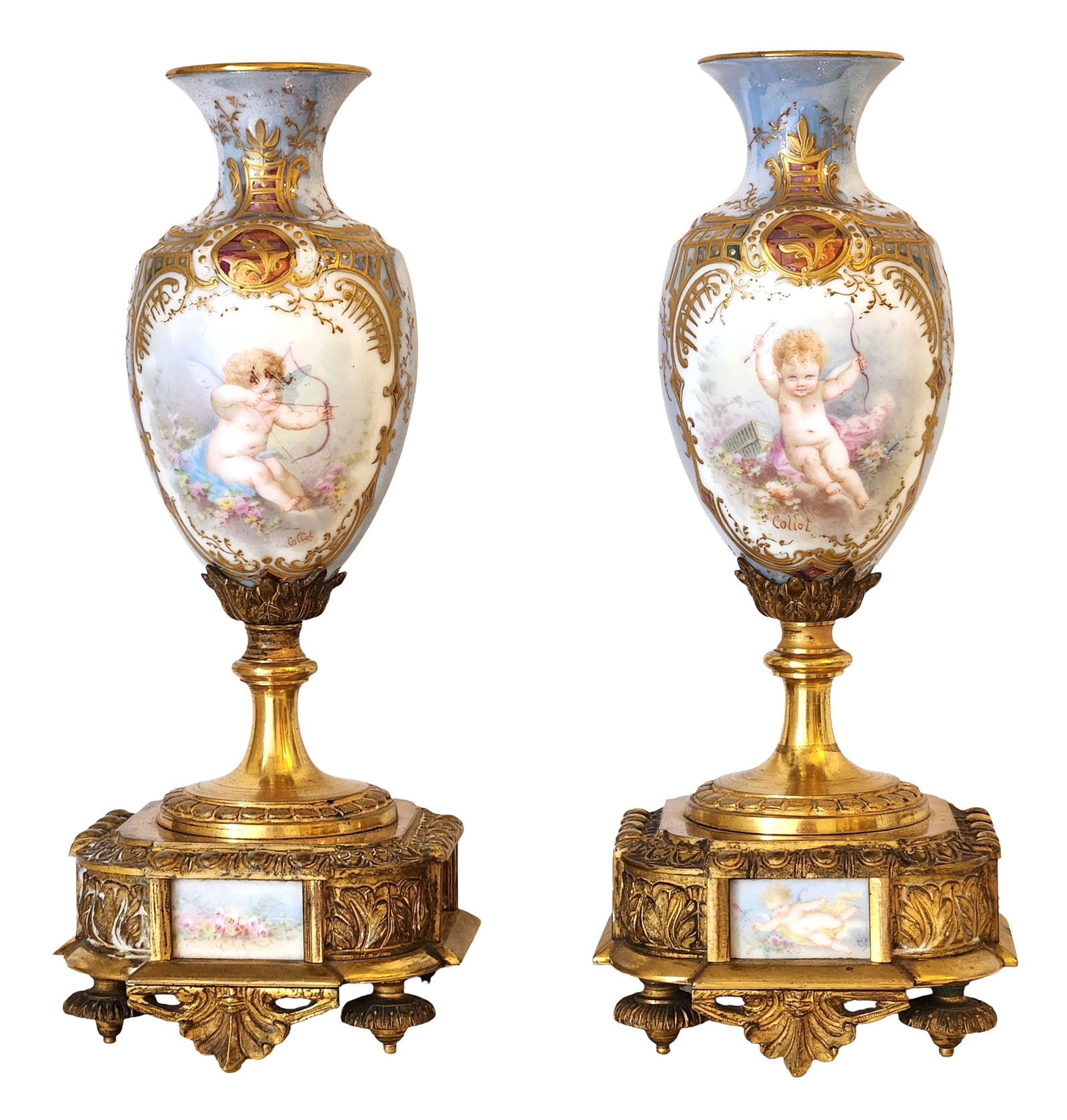 Pair of French Porcelain and Ormolu Mounted Vases with Hand-Painted Cherubs, Signed Collot (1 of 7)