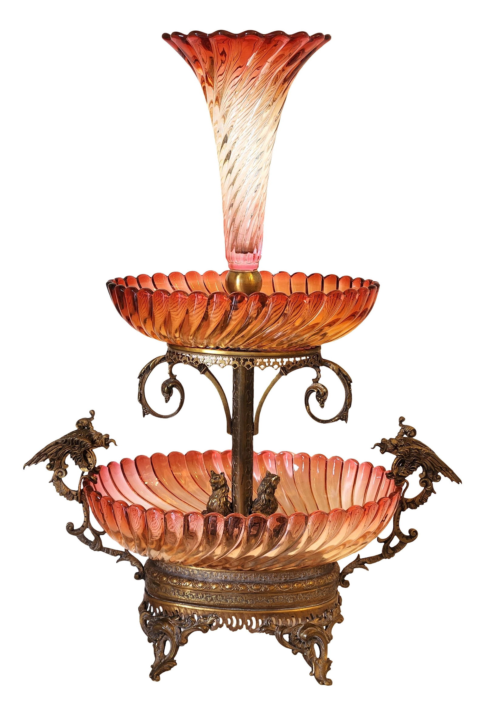 Antique French Baccarat Crystal & Gilt Bronze Three-Tier Epergne / Centerpiece, Signed “Baccarat: An exceptional antique French three-tier centerpiece (epergne) composed of Baccarat crystal bowls and trumpet vase mounted in an elaborate gilt bronze frame, dating to approximately circa 1900. The ce