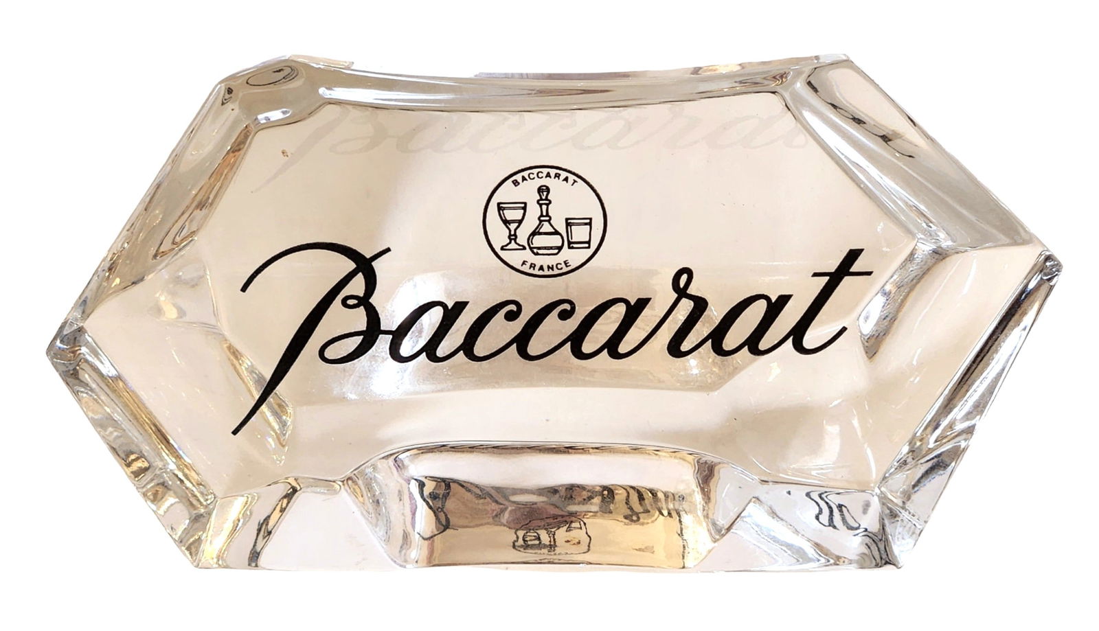 Exquisite Baccarat France Crystal Store Display Sign with Script Logo: Exquisite Baccarat crystal store display sign, formed as a faceted crystal sculpture featuring the iconic Baccarat script logo and the Baccarat France circular emblem depicting a wine glass, decanter,