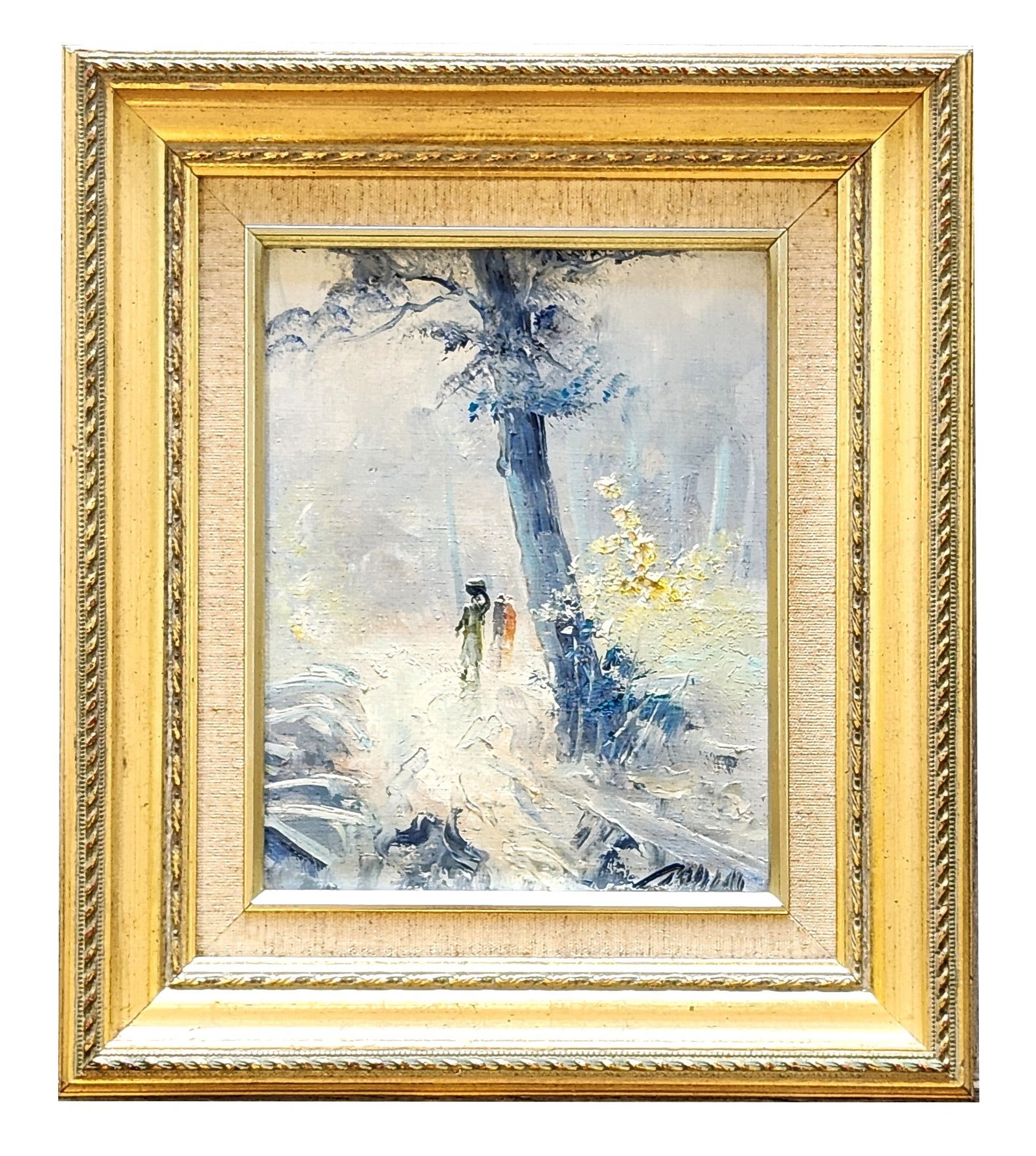 Impressionist Style Landscape Oil Painting Framed: Charming impressionist-style landscape oil painting depicting a serene woodland scene with figures walking along a sunlit path. The composition features a tall tree in the foreground with soft, atmosp
