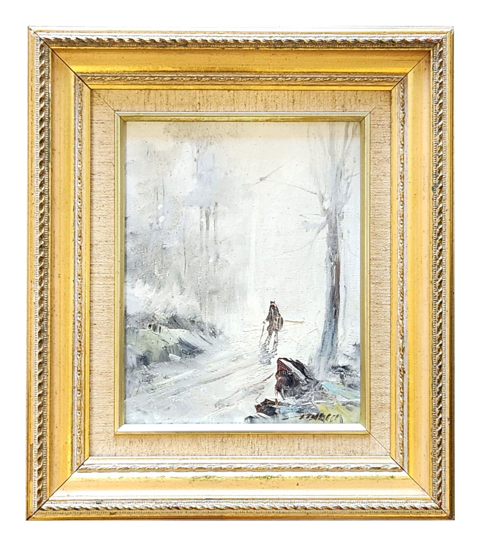 Impressionist Style Landscape Oil Painting, Signed, Framed: Expressive impressionist-style landscape oil painting depicting a solitary figure walking along a wooded path in a misty forest setting. The composition features loose, textured brushwork and a soft a