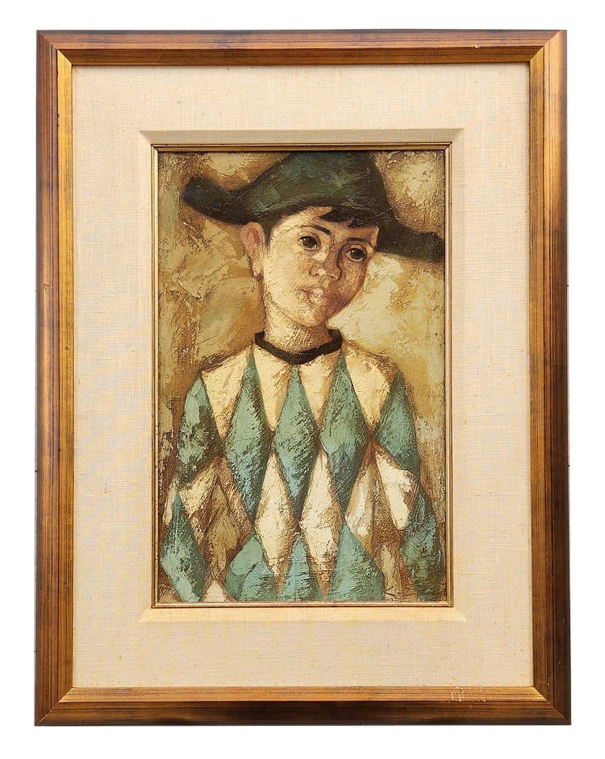 Mid-Century Style Harlequin Clown Portrait Painting in Frame: Decorative mid-century style portrait painting depicting a young harlequin or clown figure wearing a traditional diamond-pattern costume in teal and cream tones and a dark hat. The figure is rendered