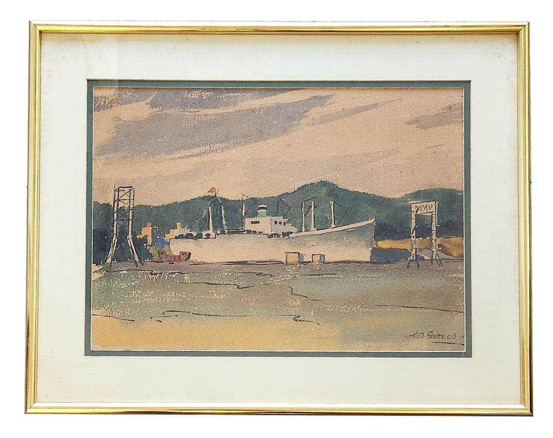 Harbor Shipyard Scene Painting with Cargo Ship, Mystery Artist: Vintage harbor shipyard scene painting depicting a large cargo ship docked near a working waterfront. The composition shows industrial dock structures and cranes surrounding the vessel, with distant h