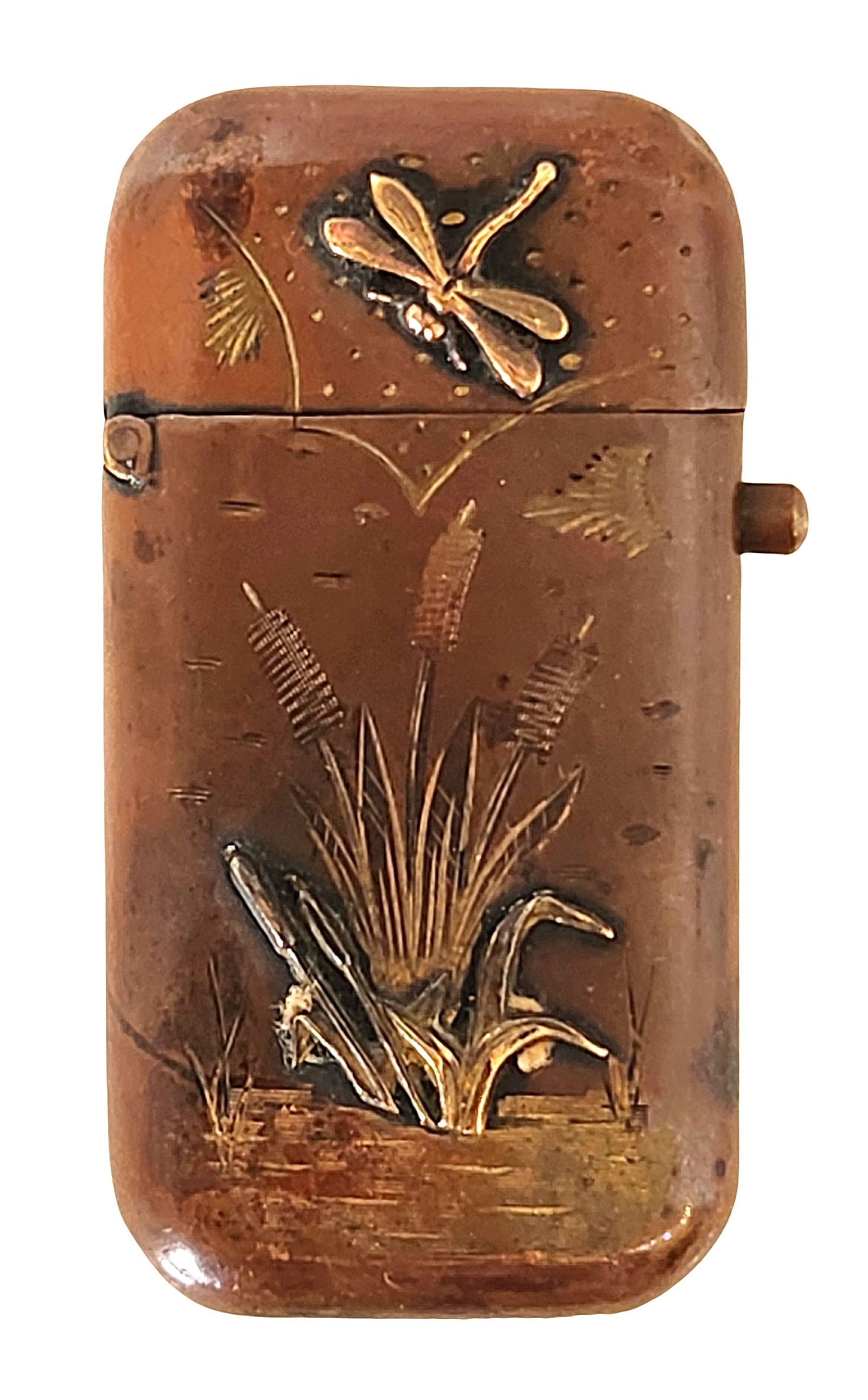 Vintage Japanese Copper Match Safe Vesta Case with Dragonfly & Cattails: Beautiful vintage copper match safe (vesta case) featuring a detailed nature motif with a raised dragonfly flying above cattails and reeds. The design is hand-worked into the copper with mixed engrave