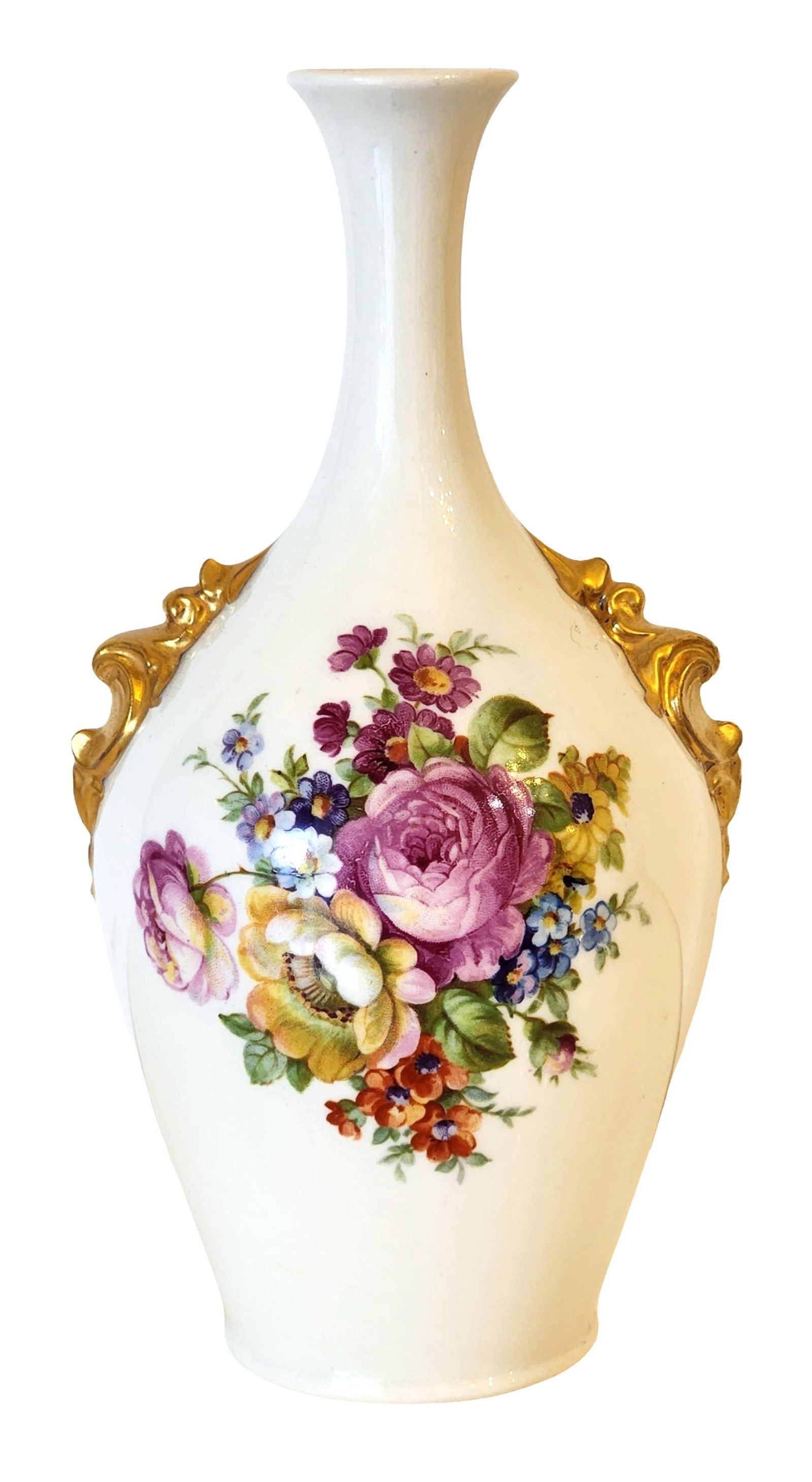Vintage Porcelain Floral Bud Vase with Gold Handles – Hand Painted Flowers (1 of 3)