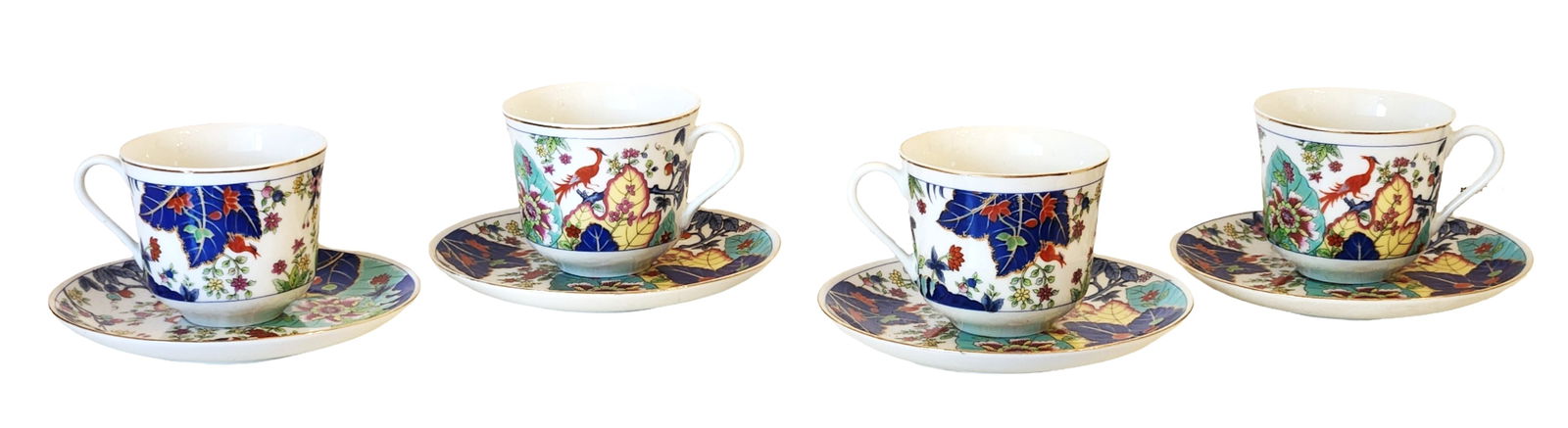 Arnart Japan Hand Painted Porcelain Demitasse Cups & Saucers – Bird & Floral Design – Set of 2: Beautiful hand painted porcelain demitasse cups and saucers by Arnart Imports, Japan. These delicate espresso-size cups feature a vibrant Asian-inspired bird and floral motif with cobalt blue leaves,
