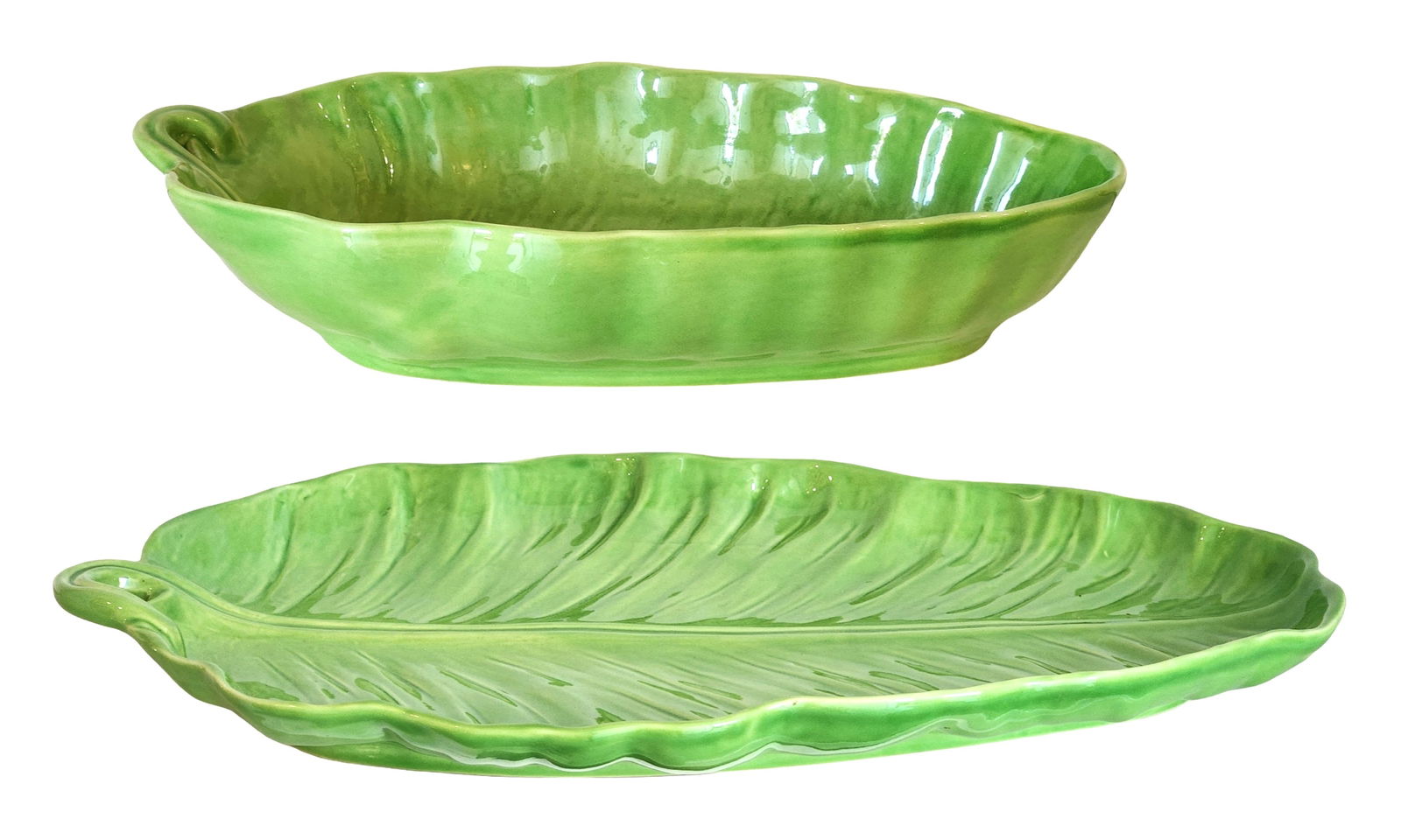 Hull Pottery Green Leaf Form Serving Dish / Console Bowl, Mid-Century: A mid-century American art pottery serving dish by Hull Pottery, designed in the form of a stylized leaf. The elongated oval dish features a molded central vein with radiating leaf texture and a curle