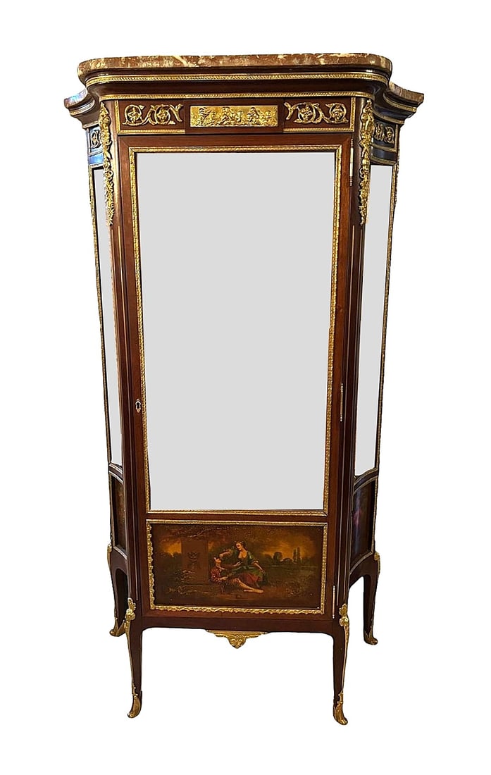 French Louis XVI Style Mahogany & Gilt Bronze Vitrine with Vernis Martin Panels and Marble Top (1 of 7)
