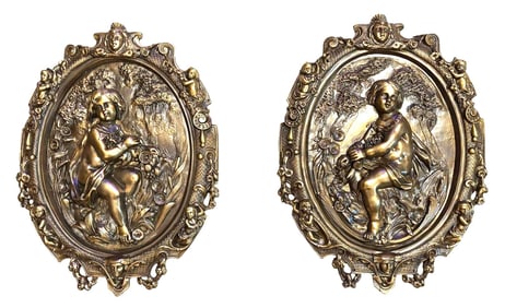 Pair of Antique Bronze Rococo Wall Plaques with High-Relief Putti Figures