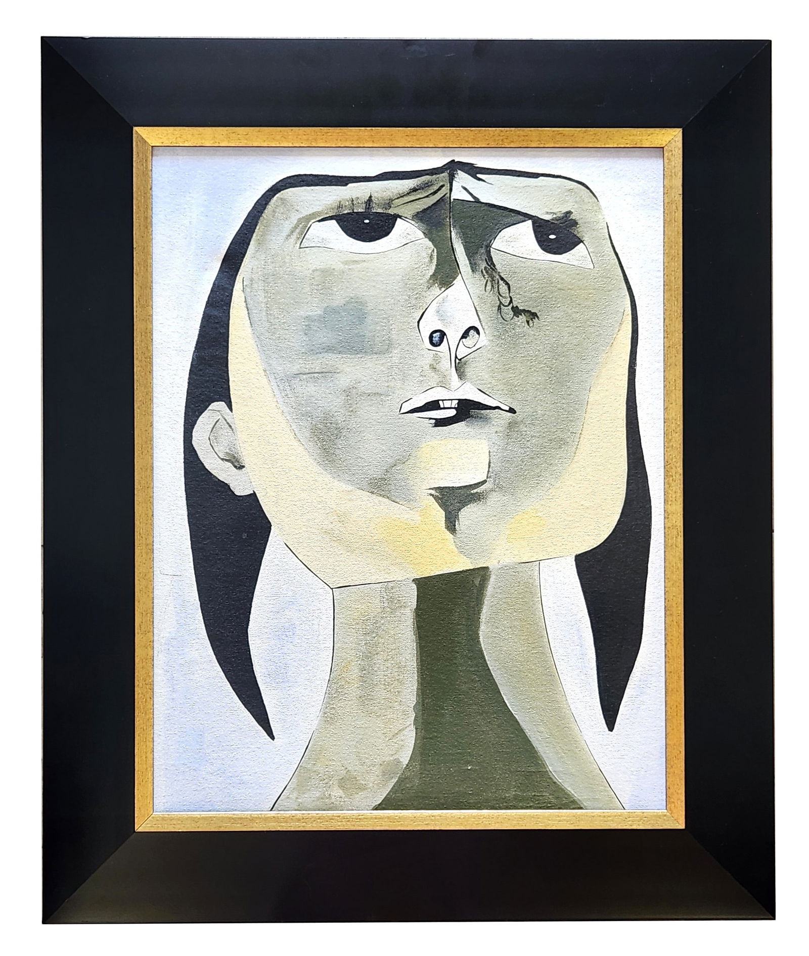 Modernist Stylized Portrait Painting, Framed: Striking modernist-style portrait painting depicting a stylized female face rendered with bold geometric forms and expressive shading. The composition emphasizes elongated features and strong contrast