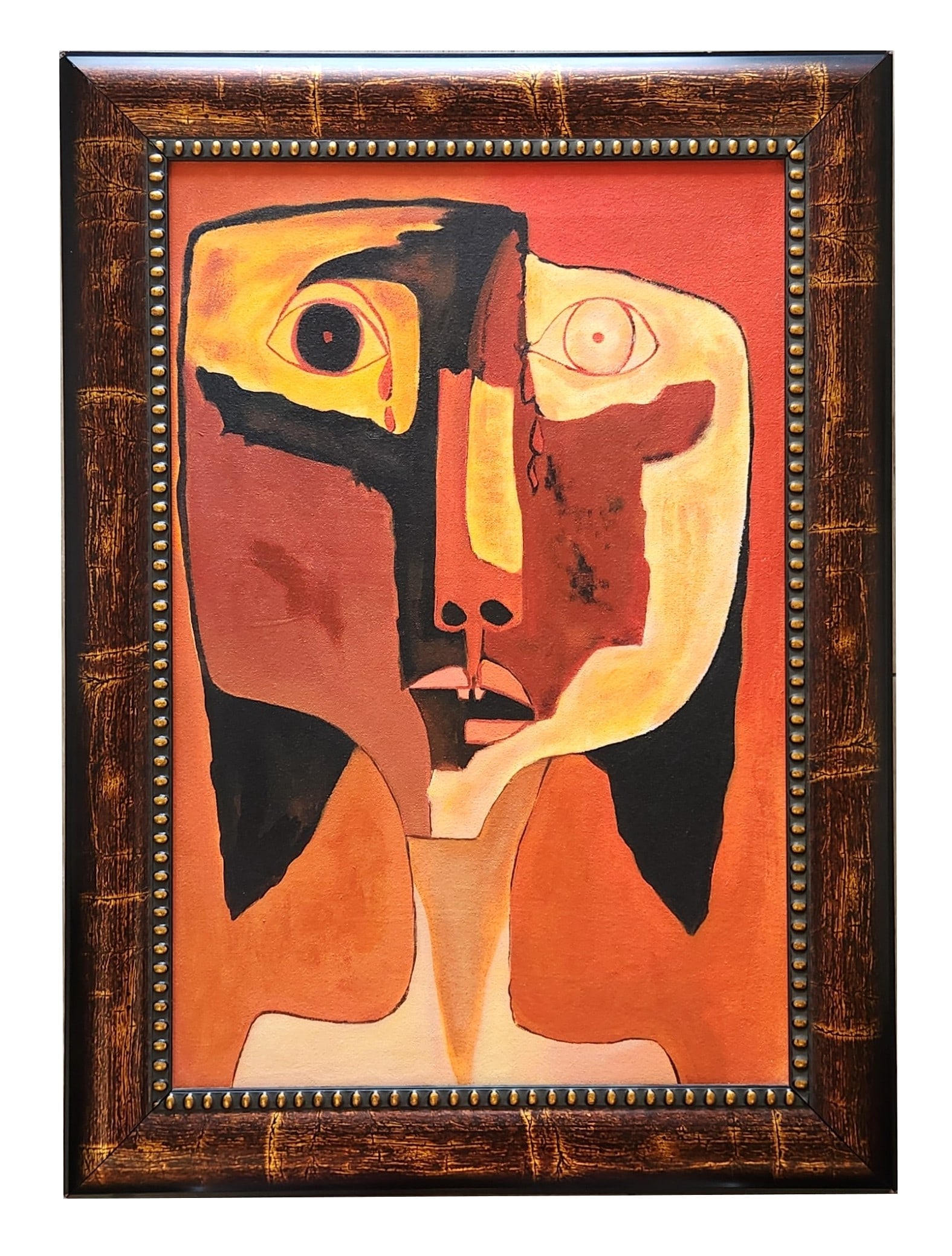 Modernist Cubist-Style Portrait Painting, Framed: Bold modernist cubist-style portrait painting depicting a stylized female face rendered with strong geometric forms and expressive color contrasts. The composition features a striking palette of warm