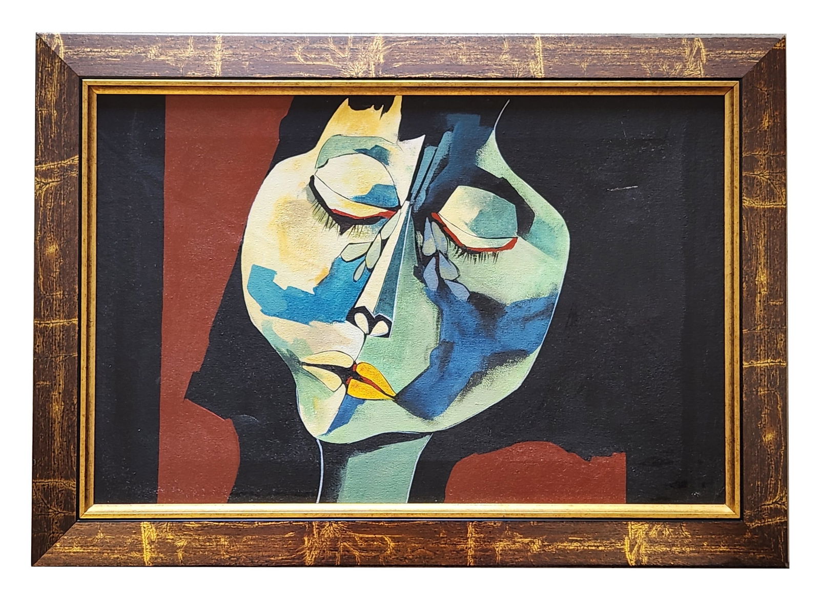 Modernist Cubist-Style Portrait Painting, Framed: Striking modernist cubist-style portrait painting depicting a stylized female face rendered with bold geometric forms and expressive color blocking. The composition features vivid tones of blue, green