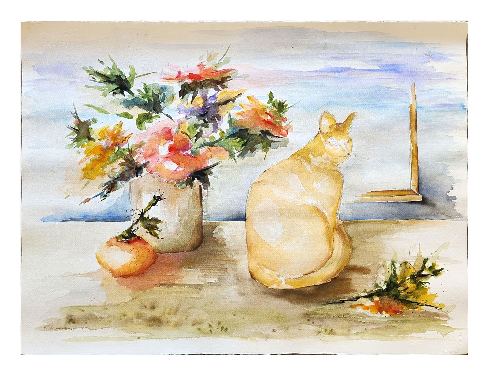 Still Life Watercolor Painting of Cat with Flowers and Fruit, Unsigned: Charming still life watercolor painting featuring a seated cat beside a colorful bouquet of flowers arranged in a simple vase. The composition includes a small piece of fruit on the table and a softly