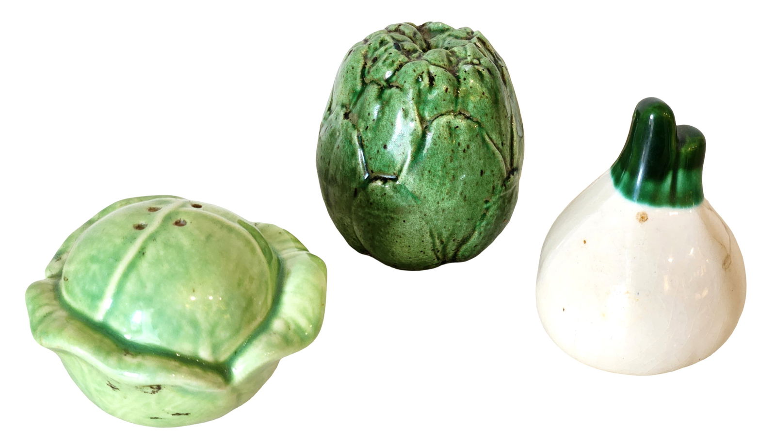 Three Vintage Vegetable Form Ceramic Kitchen Shakers – Cabbage, Artichoke, and Onion (1 of 3)