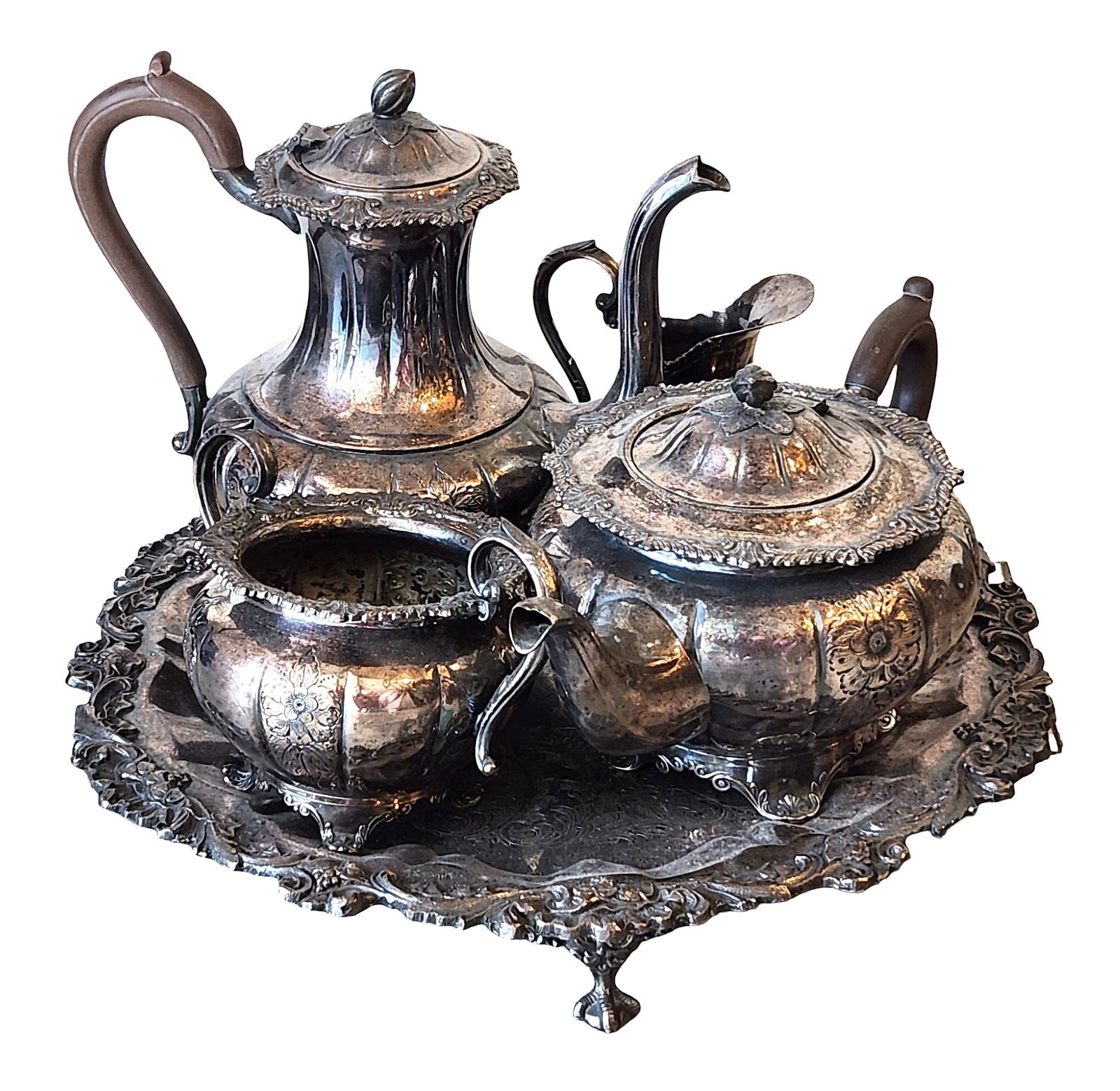 Four-Piece Hand Chased Sheffield Silverplate Tea & Coffee Service with Tray (1 of 8)