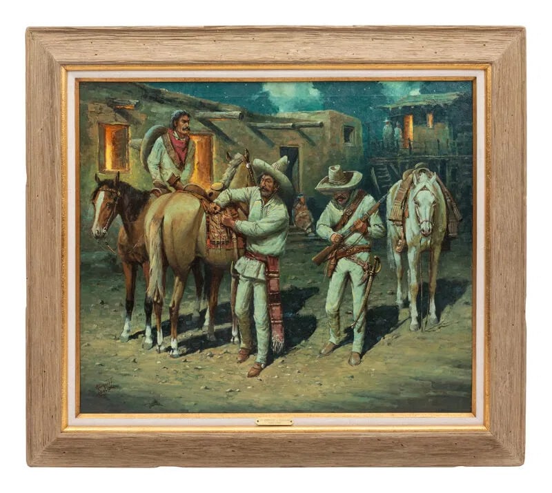 August (Curley) Lenox (1908 - 1986) American: August (Curley) Lenox (1908 - 1986) American Title: Los Hombres de la Revolucion Oil and Acrylic on Canvas Measure 36"in H x 30"in W and 40"in H x 46"in W with frame Known for: Western scene, Indian f