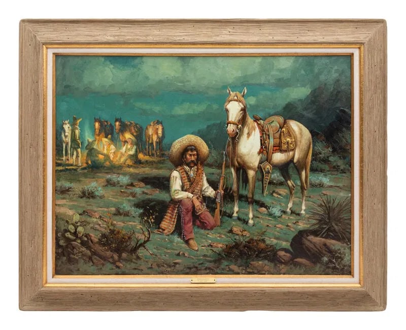 August (Curley) Lenox (1908 - 1986) American: August (Curley) Lenox (1908 - 1986) American Title: Emiliano Zapata the Revolutionary Oil and Acrylic on Canvas Measure 30"in H x 40"in W and 40"in H x 50"in W with frame Known for: Western scene, I