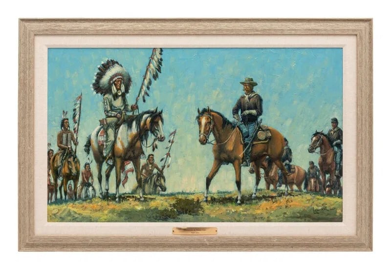 August (Curley) Lenox (1908 - 1986) American: August (Curley) Lenox (1908 - 1986) American Title: Extermination by Military Order Oil on Canvas Measure 24"in H x 40"in W and 31 1/2"in H x 47 1/2"in W framed Known for: Western scene, Indian figure