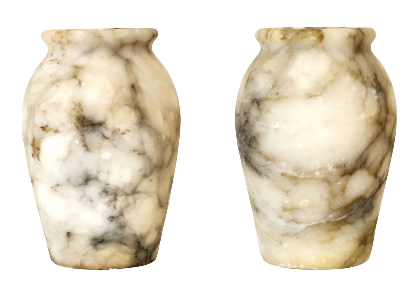 Carved Alabaster Stone Vase with Natural Veining: Decorative carved alabaster vase featuring attractive natural marbling in cream, tan, and gray tones. The vase has a classic rounded form with a slightly flared rim and polished surface that highlight