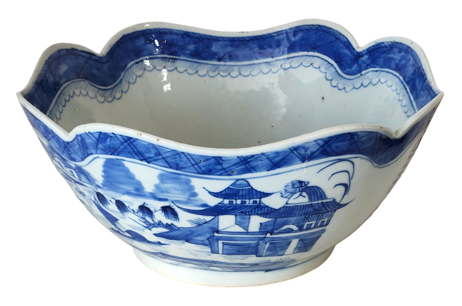 Chinese Blue & White Porcelain Scalloped Bowl with Landscape Decoration (1 of 2)