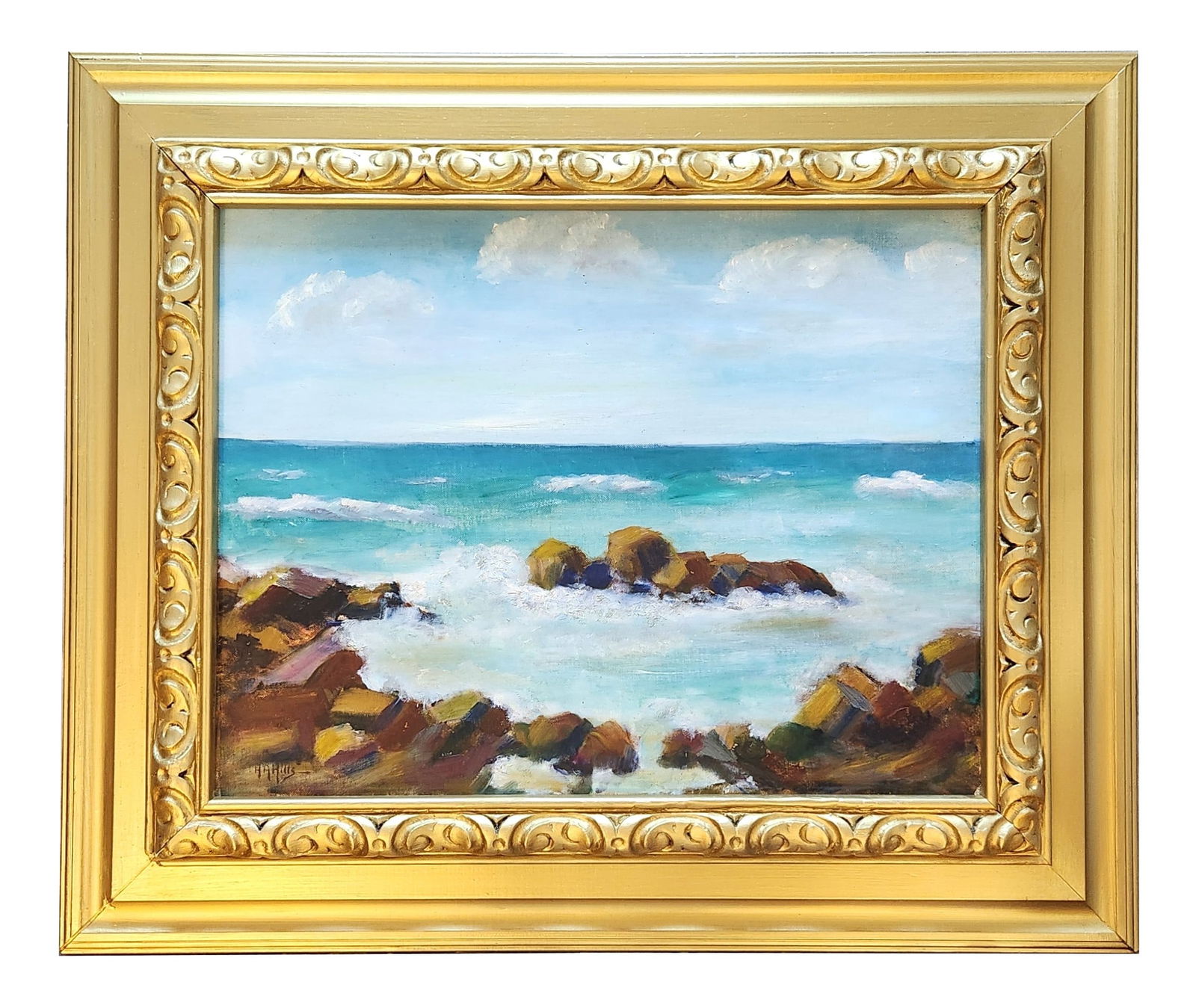 Anna Althea Hills (1882 - 1930) American: Anna Althea Hills (1882 - 1930) American Oil on Canvas on Cardboard Measure 15"in H x 19 1/2"in W and 23 1/2"in H x 27 3/4"in W framed Known for: Landscape, marine, genre and figure painting Biography