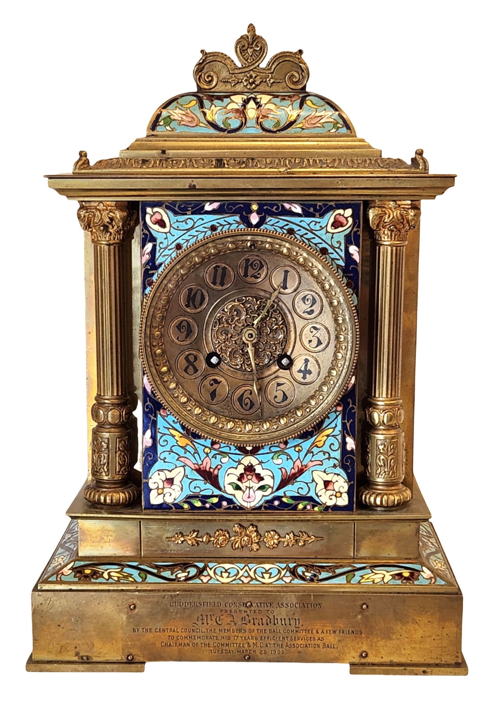 Antique French Gilt Bronze & Champlevé Enamel Mantel Clock, Inscribed Presentation, c. 1902 (1 of 9)