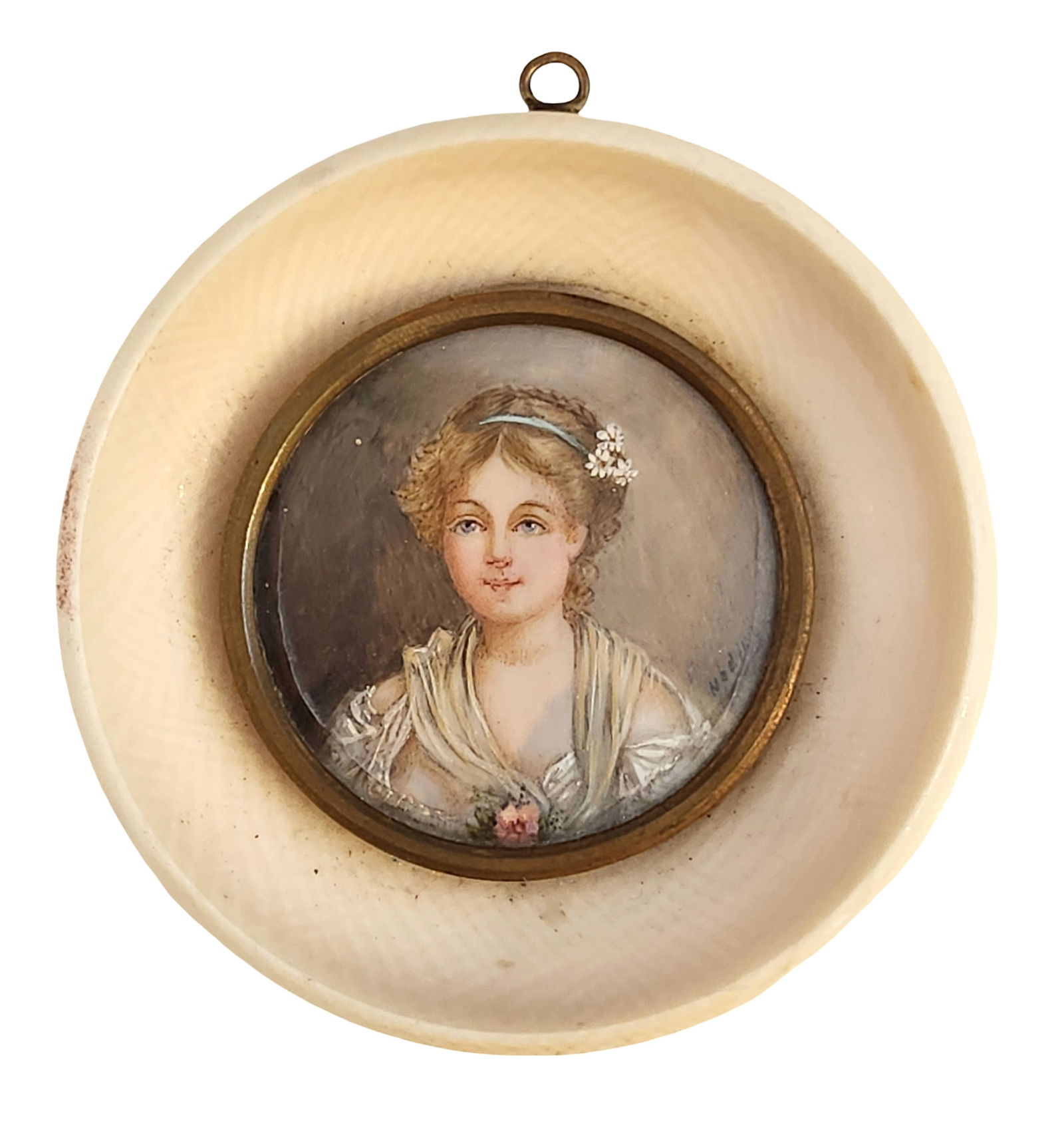 Antique Hand-Painted Portrait Miniature Plaque of a Young Woman, 19th Century: Antique portrait miniature plaque depicting a young woman in early 19th century attire, her hair styled with a ribbon and small floral accent. The finely executed hand-painted portrait is rendered in