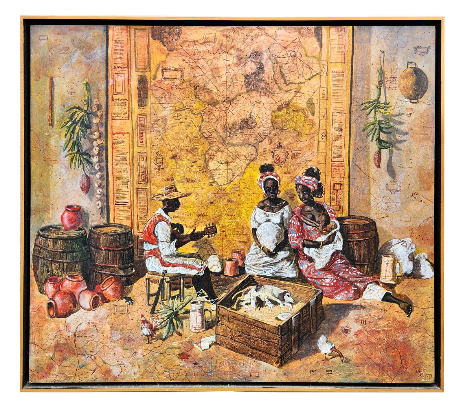 Douglas Darnis Perez Castro (20th Century) Cuba: Douglas Darnis Perez Castro (20th Century) Cuba Title: La Adoracion Dated: 1999 Oil on Canvas Measure 27 3/4"in H x 31"in W and 28 3/4"in H x 32 1/2"in W x 1 3/4"in D framed