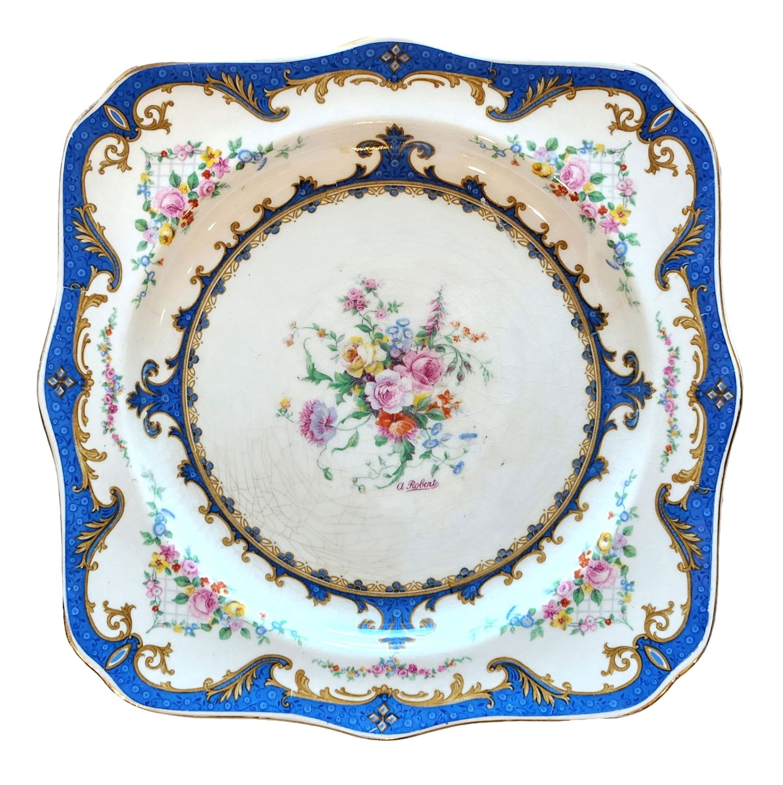 Myott Staffordshire Floral Square Plate with Blue & Gilt Border, England (1 of 3)