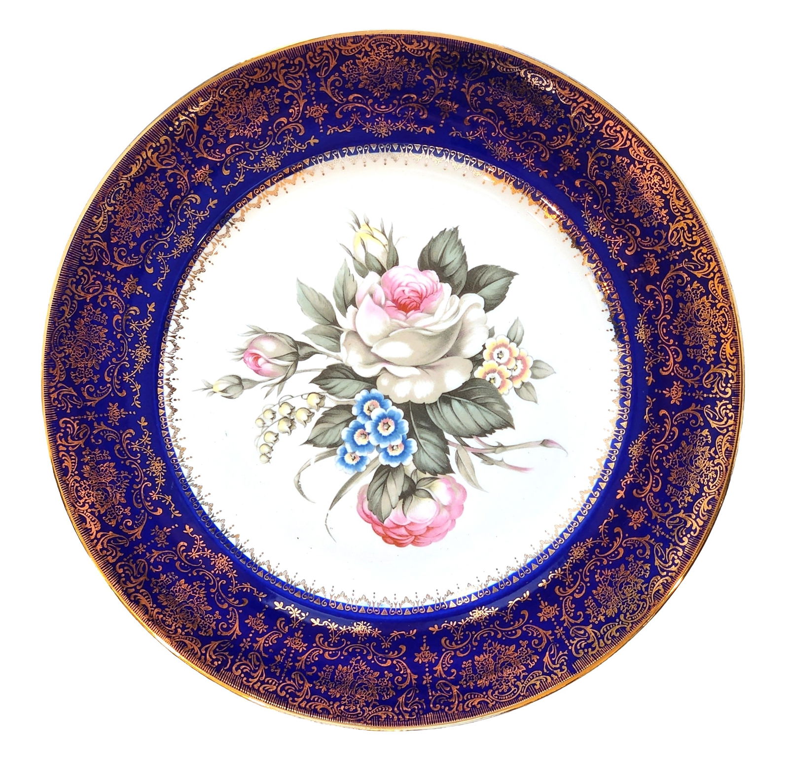 Imperial Salem China Co. Floral Plate with Cobalt & 23K Gold Rim, American, c. 1930s: Elegant vintage porcelain plate by Imperial Salem China Company, made in the U.S.A., featuring a finely detailed hand-applied floral bouquet at center surrounded by a rich cobalt blue border with intr