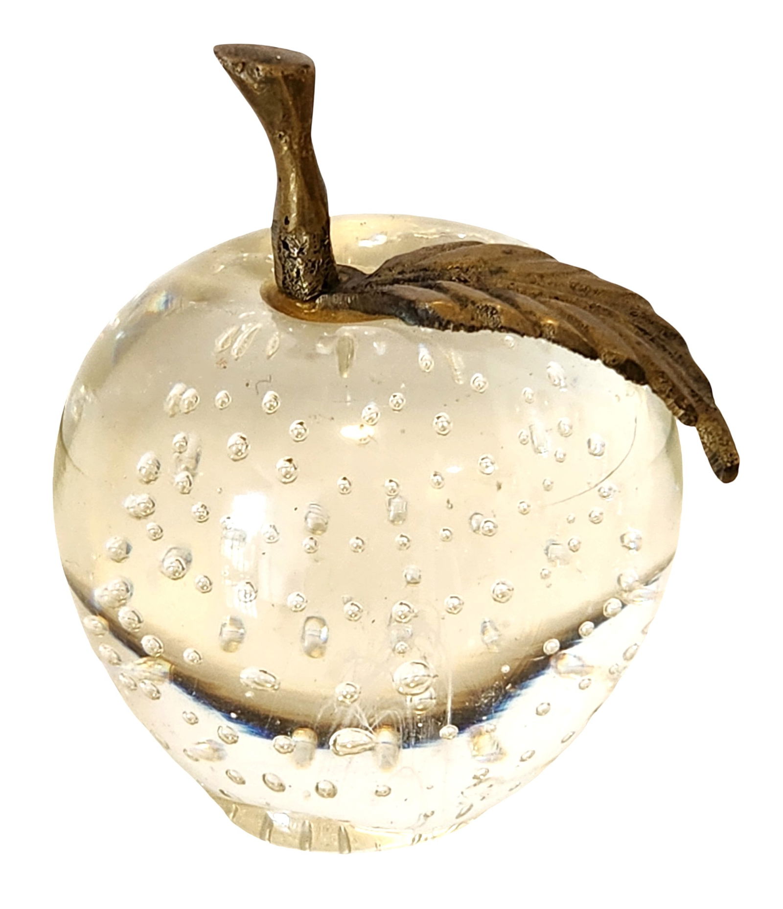 Vintage Murano Style Glass Apple Paperweight with Metal Leaf: Decorative glass apple paperweight featuring clear glass with numerous suspended air bubbles, creating a textured “controlled bubble” effect throughout the body. The apple is topped with a scu