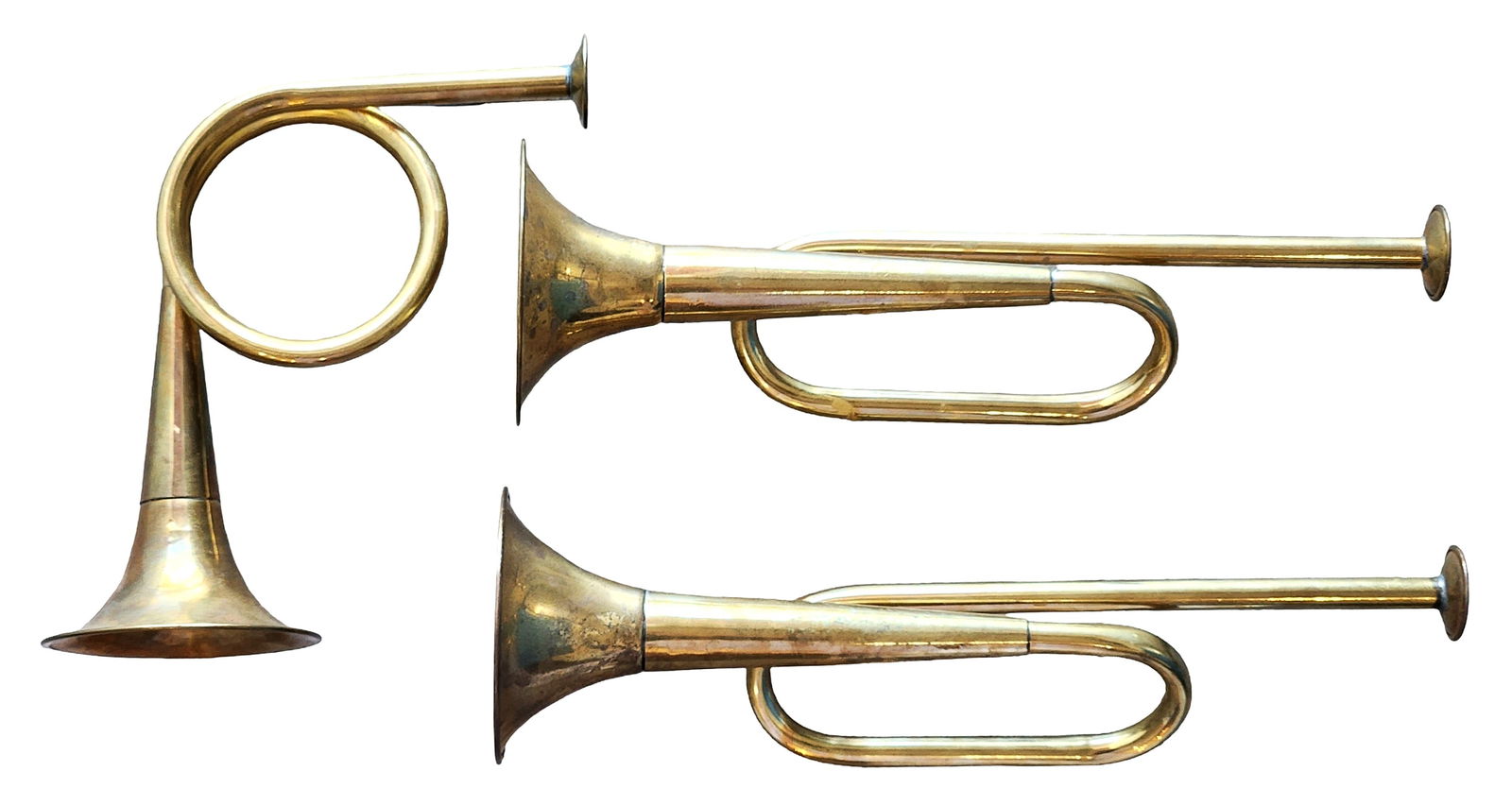 Three Brass Hunting / Coach Horns: Collection of three vintage brass hunting or coach horns featuring classic curved tubing and flared bells. These traditional signal horns were historically used for hunting, carriage driving, or cerem