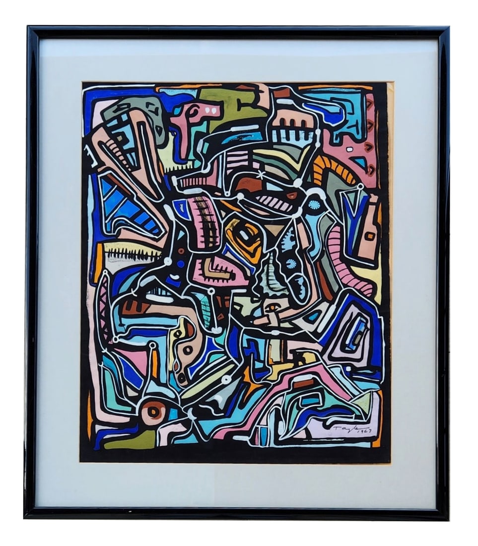 1967 Abstract Modernist Mixed-Media Painting, Signed Taylor: Vibrant mid-century abstract modernist painting, signed Taylor and dated 1967 in the lower right. Executed in a dynamic mixed-media technique with bold black contour lines enclosing energetic geometri