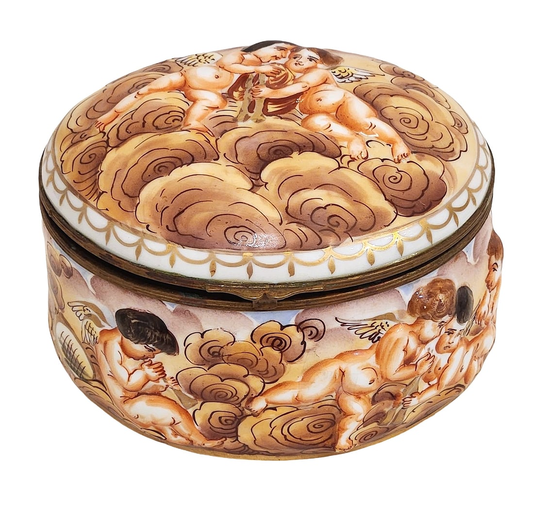 Capodimonte Hand-Painted Porcelain Box with Cherubs, Crown N Mark (1 of 6)