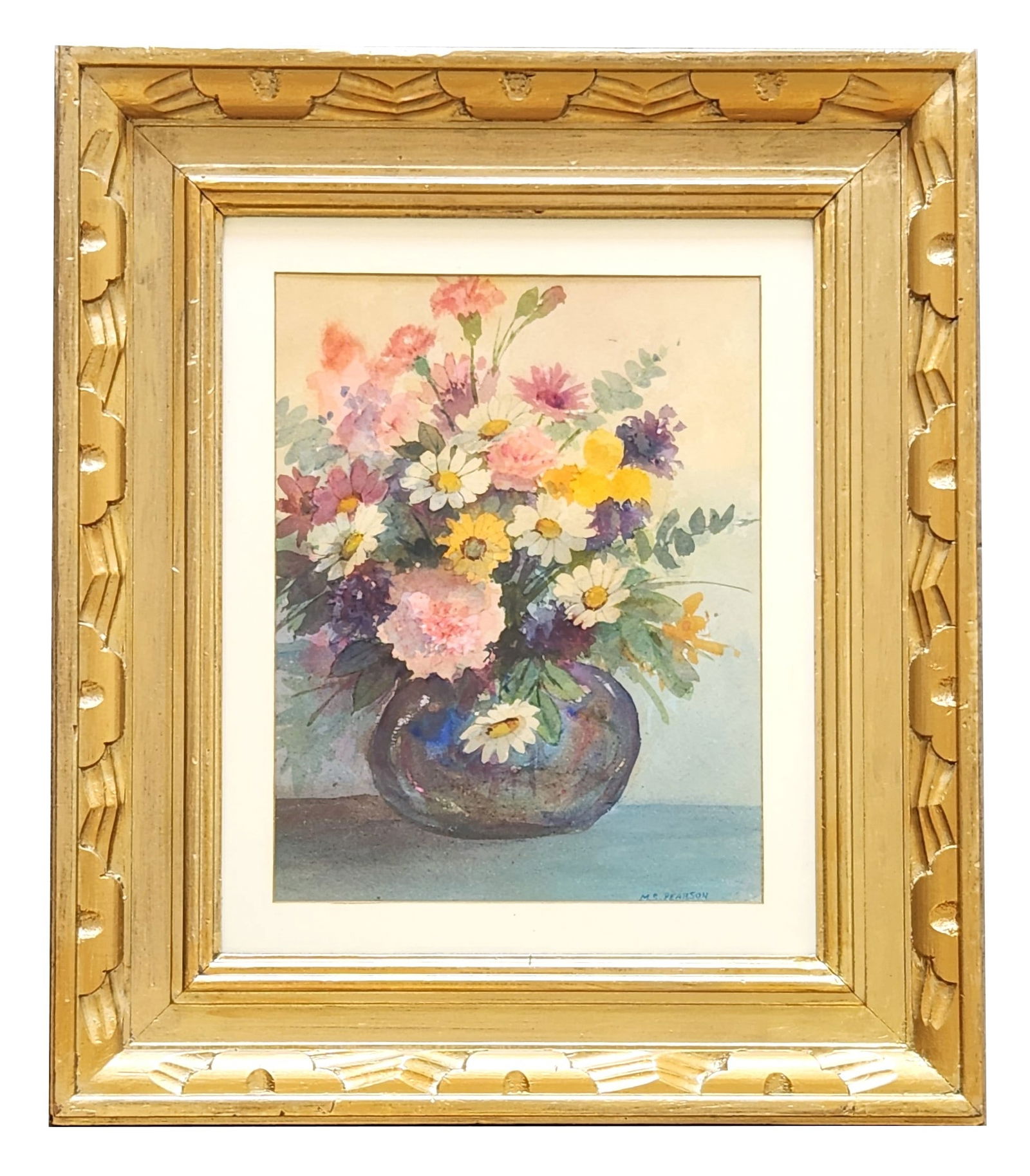 Marguerite Stuber Pearson (1898 - 1978) American: Marguerite Stuber Pearson (1898 - 1978) American Watercolor on Paper Measure 13"in H x 10 1/4"in H and 22 1/2"in H x 19 1/2"in W framed Known for: Still life, portrait, genre, interiors Biography: Bor