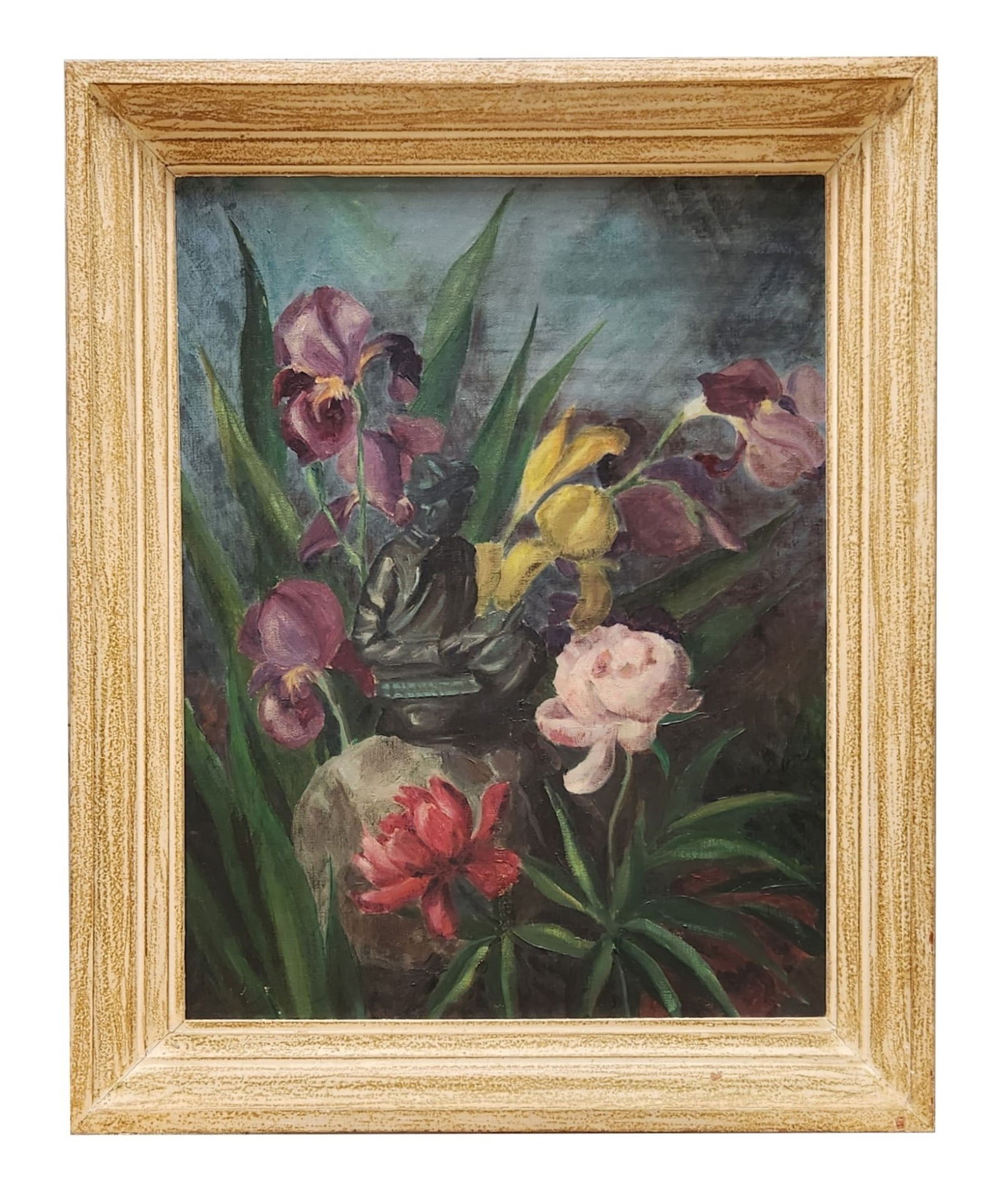Attributed William Lester Stevens (1888 - 1969) American: Attributed William Lester Stevens (1888 - 1969) American Title: Still life of flowers in a vase with a Buddha figure Iris Oil on Canvas Unsigned Measure 26"in H x 20"in W Known for: Landscape, marine,