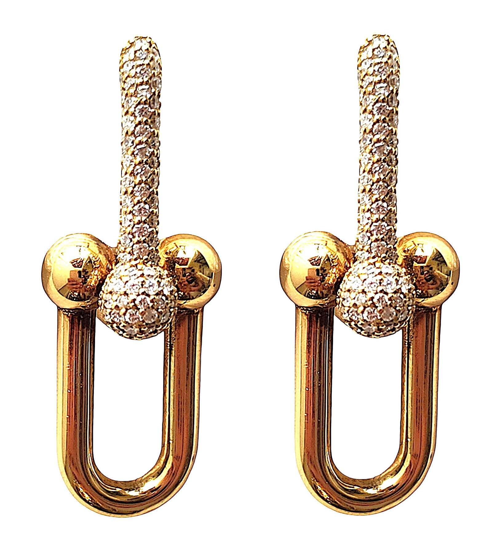 Tiffany & Co. 18K Gold Diamond Drop Earrings: Elegant pair of Tiffany & Co. drop earrings crafted in 18K yellow gold and accented with pavé-set round brilliant diamonds. The design features a polished gold U-shaped drop suspended beneath a diamo
