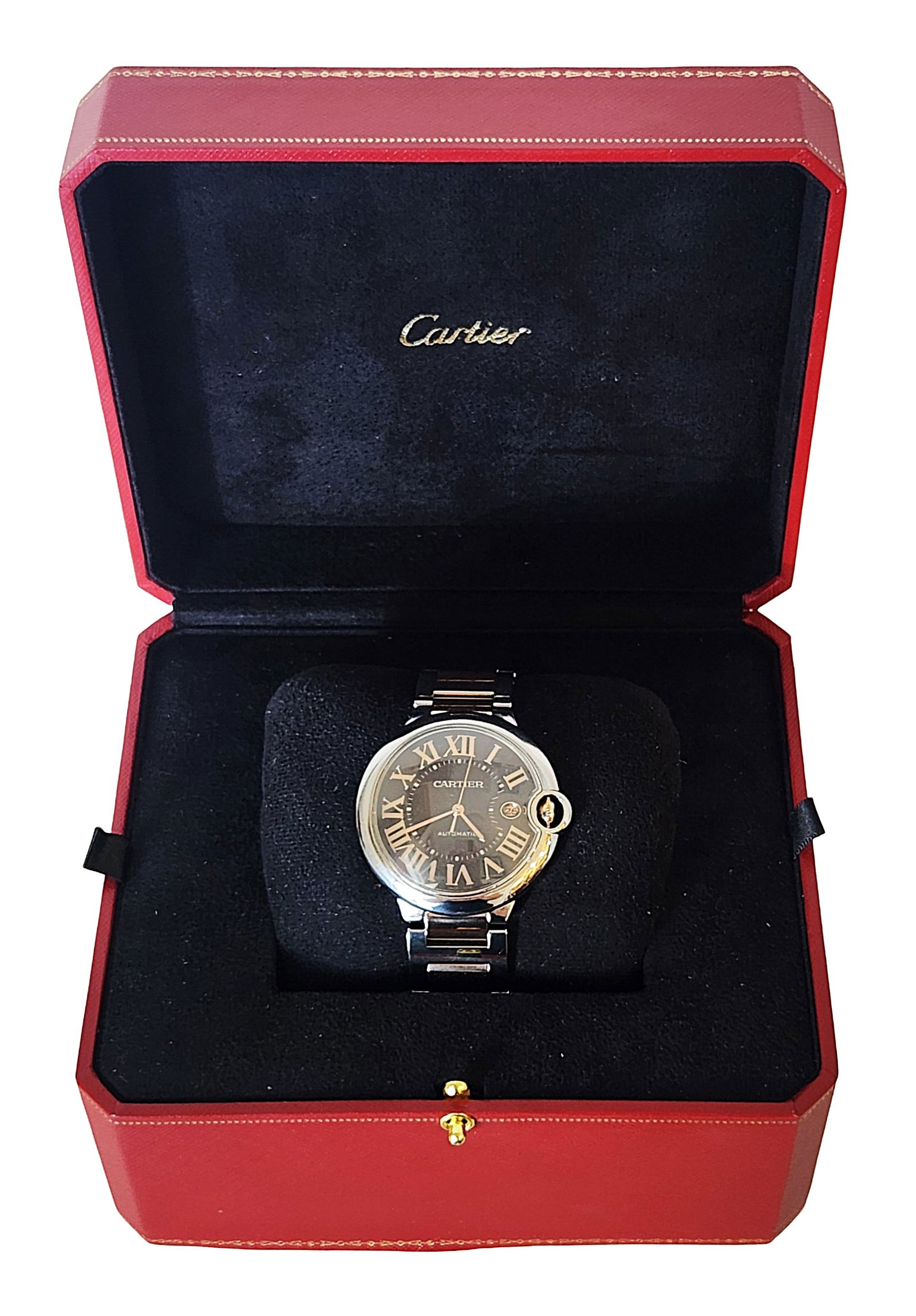 41 mm Cartier Ballon Bleu Automatic Two-Tone Wristwatch with Box: 41 mm Cartier Ballon Bleu automatic wristwatch featuring a stainless steel and 18K rose gold two-tone bracelet and case. The watch displays a dark dial with large applied Roman numeral hour markers, c