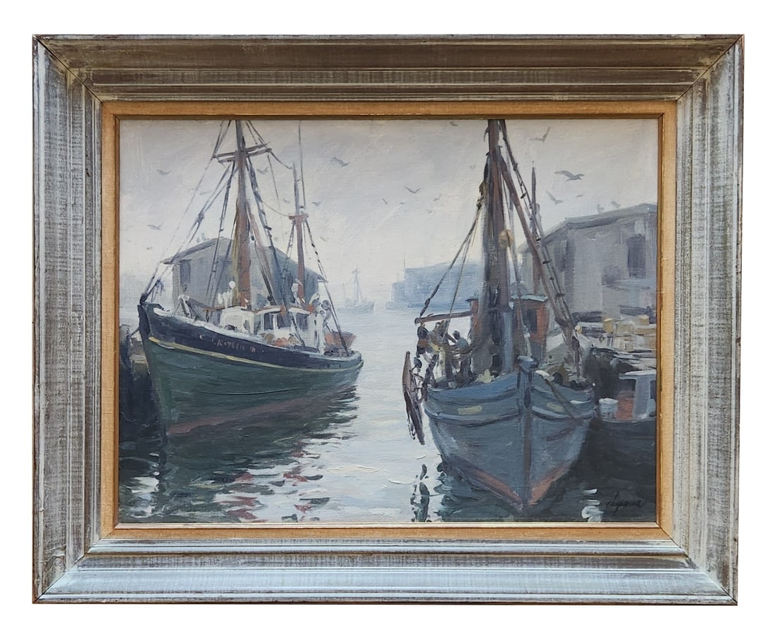 Walter Chapman (1912-2015) American: Walter Chapman (1912-2015) American Title: Foggy Harbor Oil on Canvas Board Measure 17 1/2"in H x 23 3/4"in W and 24"in H x 30"in W with frame Biography: Walter H. Chapman, one of the Toledo area's be