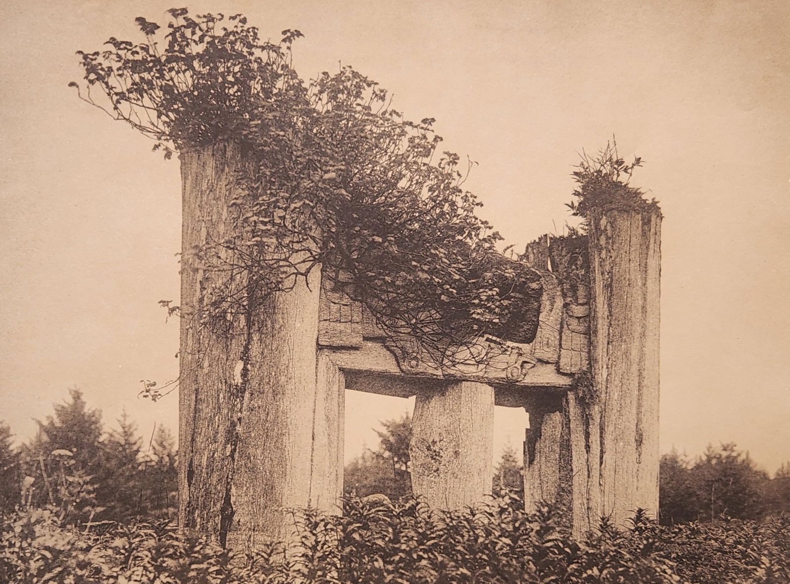 Edward Sheriff Curtis (1868 - 1952) American: Edward Sheriff Curtis (1868 - 1952) American Title: A Haida Chief's Tomb at Yan Print Caption - Engraving Dated: 1915 Measure 13"in H x 18"in W no framed The remains of the chief rest in a niche cut